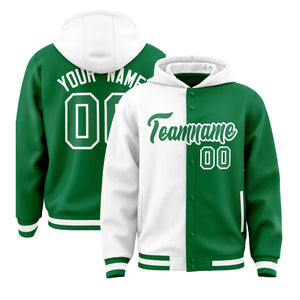 Custom White Kelly Green Split Fashion Varsity Full-Snap Letterman Two Tone Hoodie Jacket