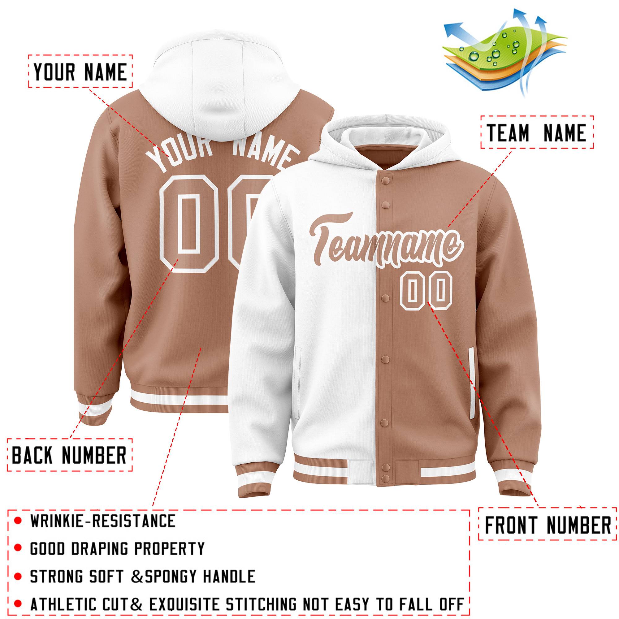 Custom White Light Brown Split Fashion Varsity Full-Snap Letterman Two Tone Hoodie Jacket