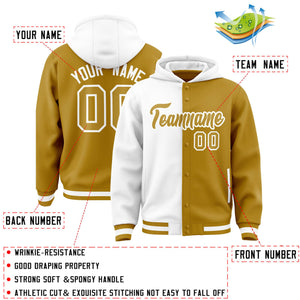 Custom White Old Gold Split Fashion Varsity Full-Snap Letterman Two Tone Hoodie Jacket