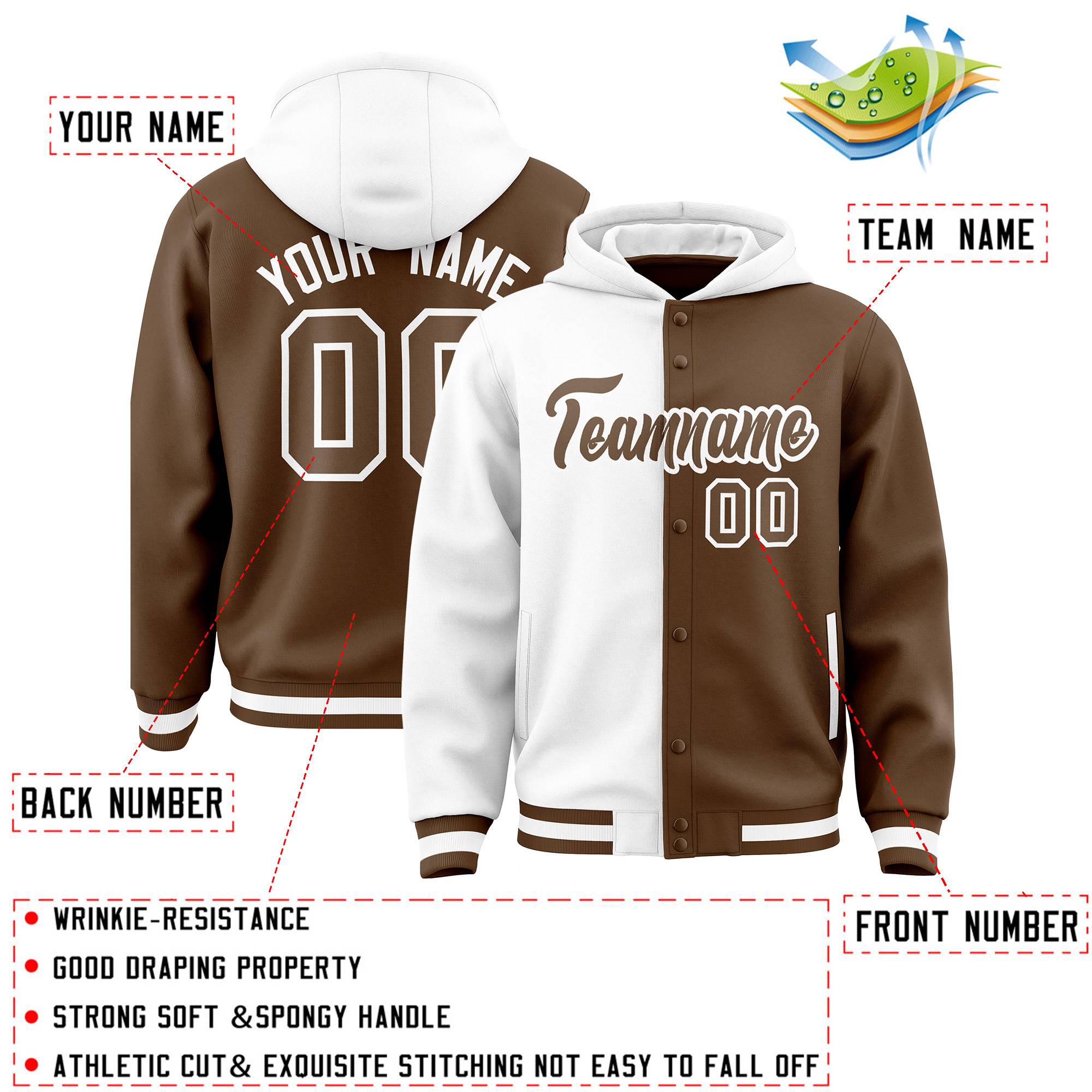 Custom White Light Brown Split Fashion Varsity Full-Snap Letterman Two Tone Hoodie Jacket