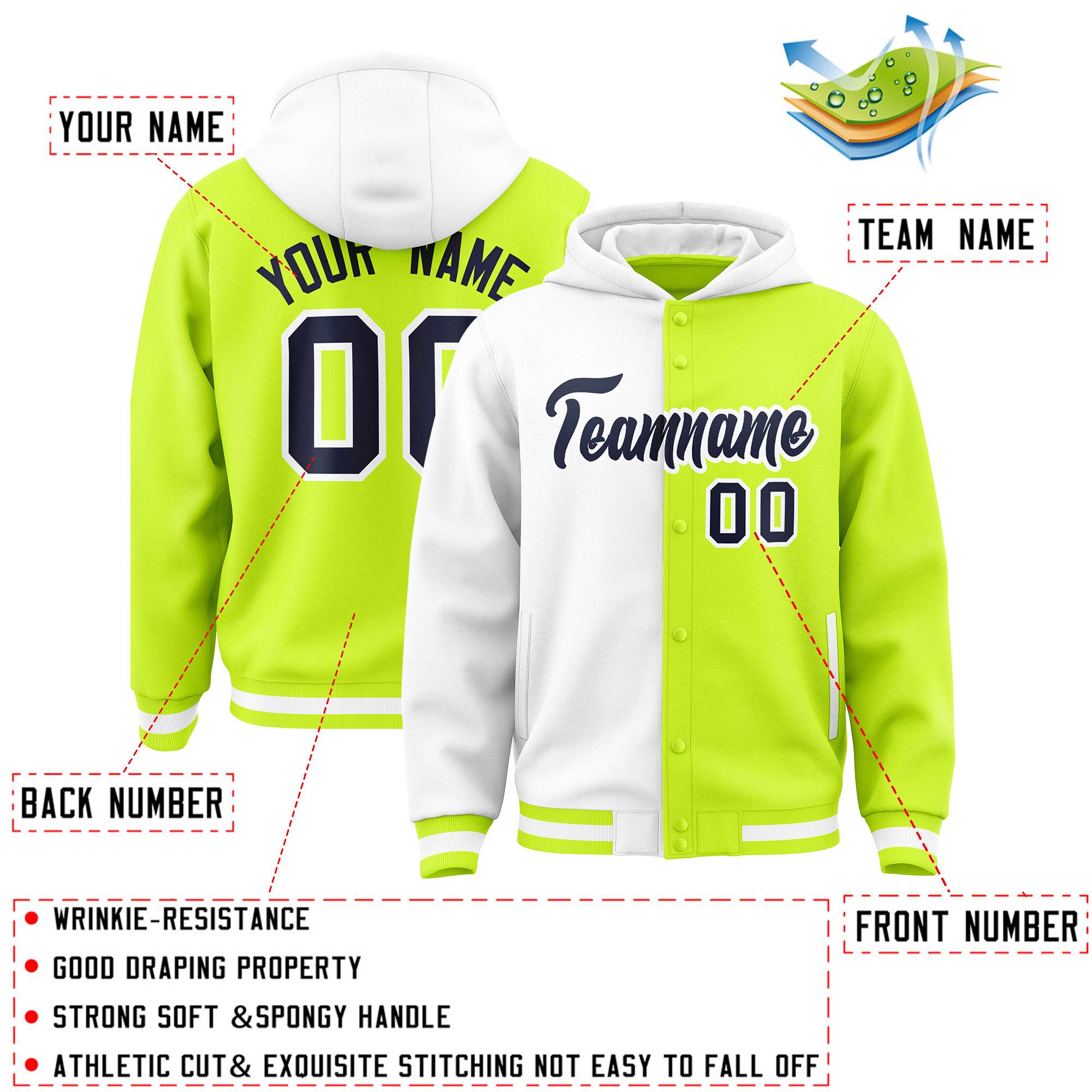 Custom White Neon Green Split Fashion Varsity Full-Snap Letterman Two Tone Hoodie Jacket