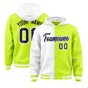 Custom White Neon Green Split Fashion Varsity Full-Snap Letterman Two Tone Hoodie Jacket