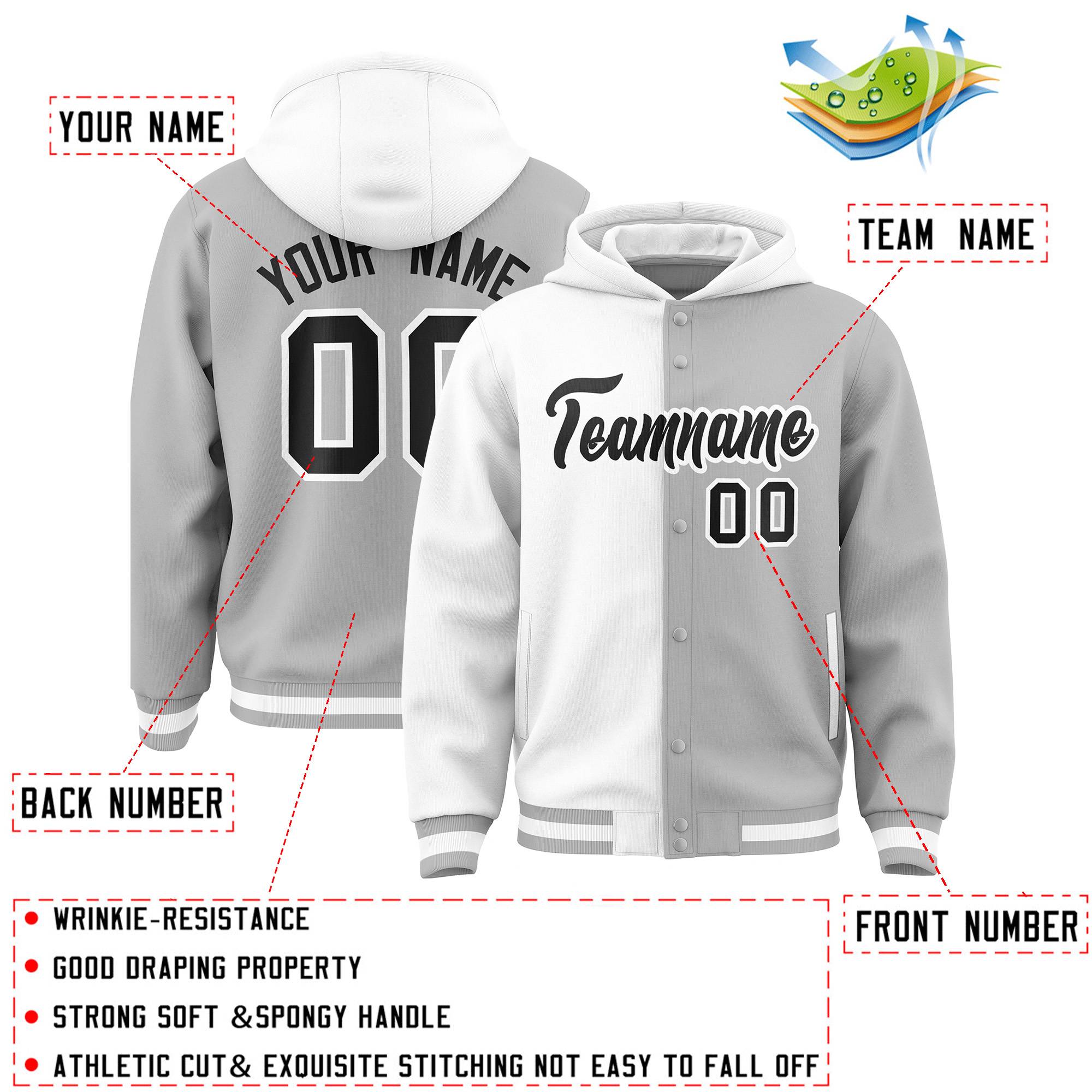 Custom White Gray Split Fashion Varsity Full-Snap Letterman Two Tone Hoodie Jacket