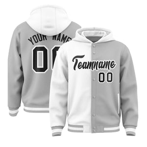 Custom White Gray Split Fashion Varsity Full-Snap Letterman Two Tone Hoodie Jacket