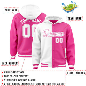 Custom White Pink Split Fashion Varsity Full-Snap Letterman Two Tone Hoodie Jacket