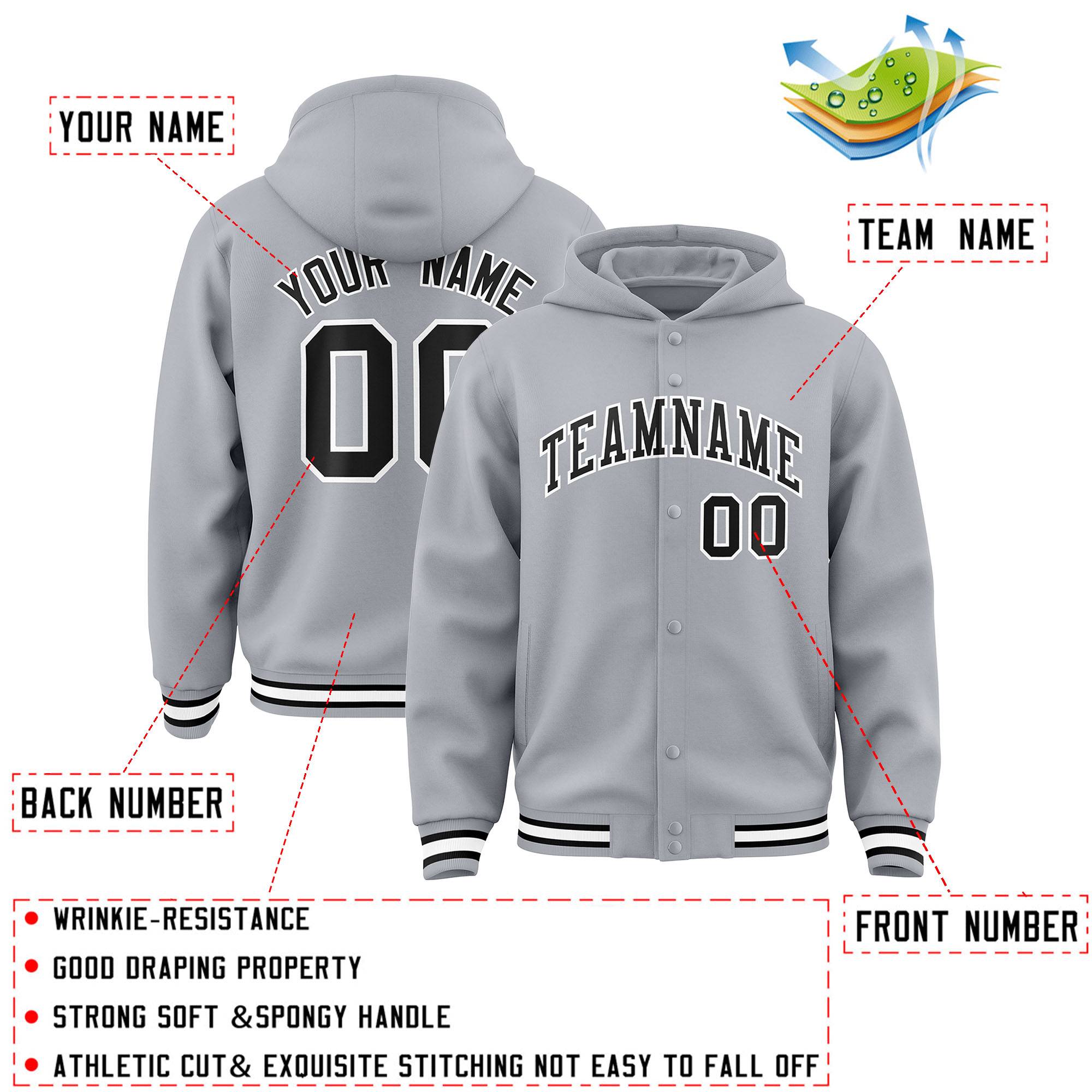 Custom Gray Black-White Varsity Full-Snap Letterman Classic Hoodie Jacket