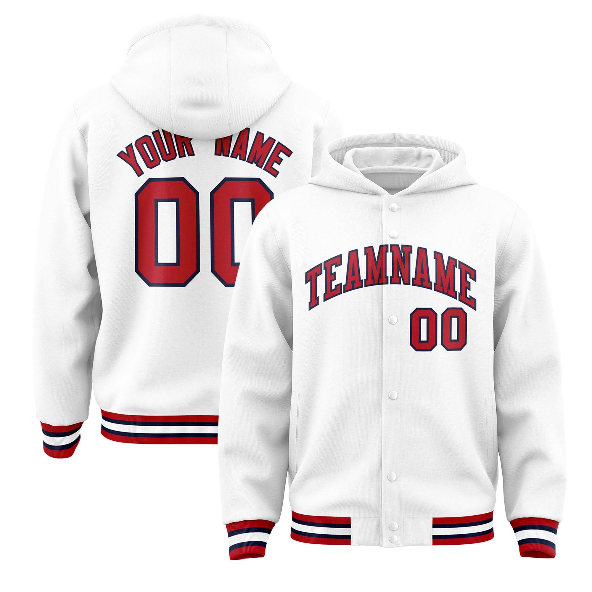 Custom White Red-Navy Varsity Full-Snap Letterman Classic Hoodie Jacket