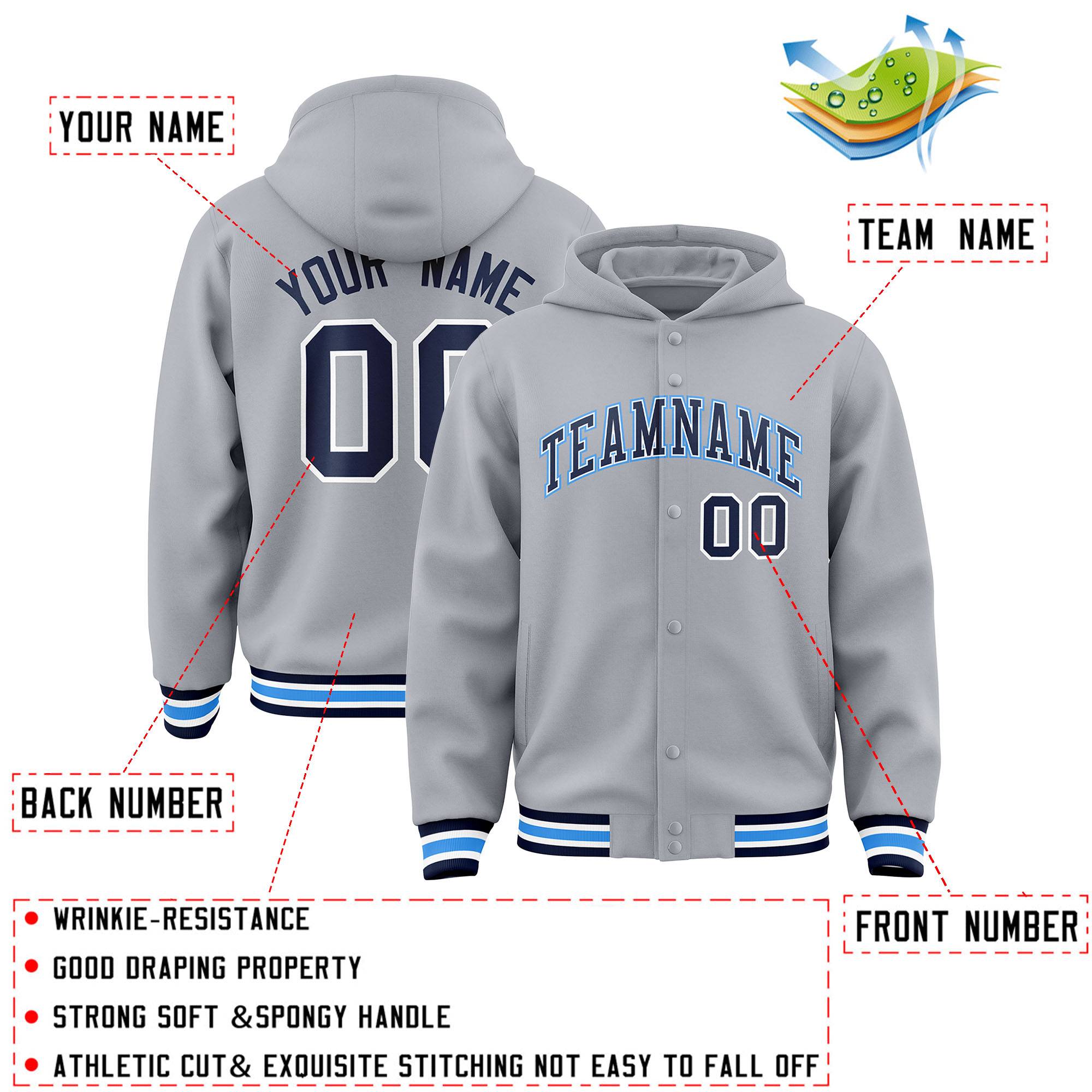 Custom Gray Navy-White Varsity Full-Snap Letterman Classic Hoodie Jacket