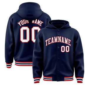 Custom Navy White-Red Varsity Full-Snap Letterman Classic Hoodie Jacket