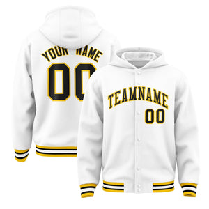 Custom White Black-Gold Varsity Full-Snap Letterman Classic Hoodie Jacket