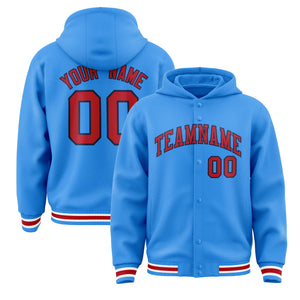 Custom Powder Blue Red-Navy Varsity Full-Snap Letterman Classic Hoodie Jacket