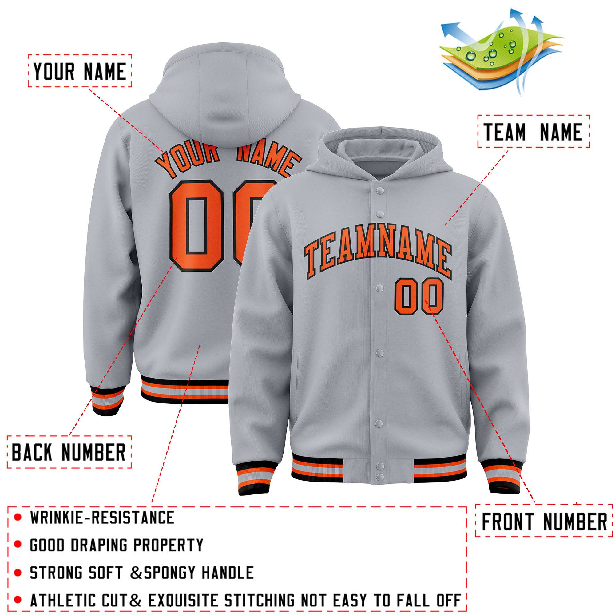 Custom Gray Orange-Black Varsity Full-Snap Letterman Classic Hoodie Jacket