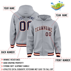 Custom Gray Navy-Orange Varsity Full-Snap Letterman Classic Hoodie Jacket