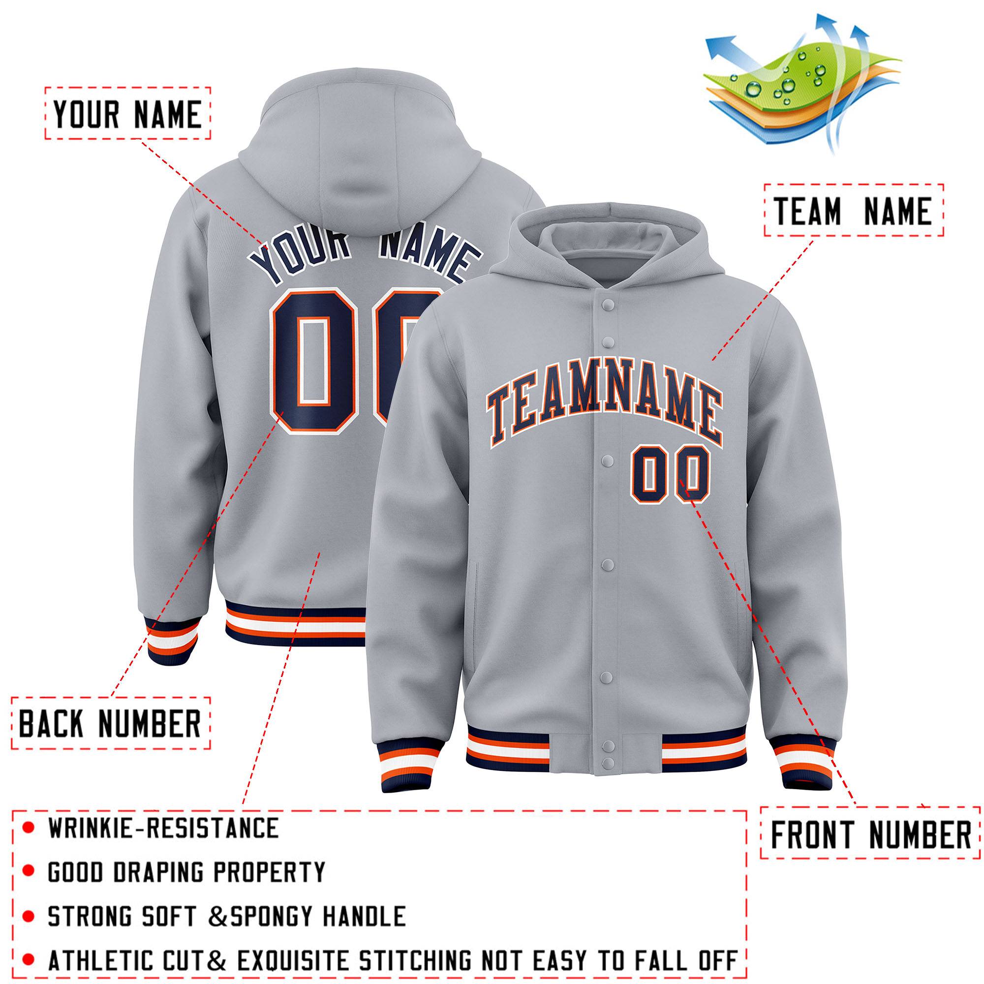 Custom Gray Navy-Orange Varsity Full-Snap Letterman Classic Hoodie Jacket