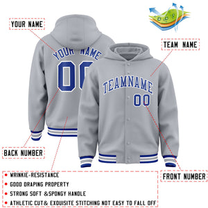 Custom Gray Royal-White Varsity Full-Snap Letterman Classic Hoodie Jacket