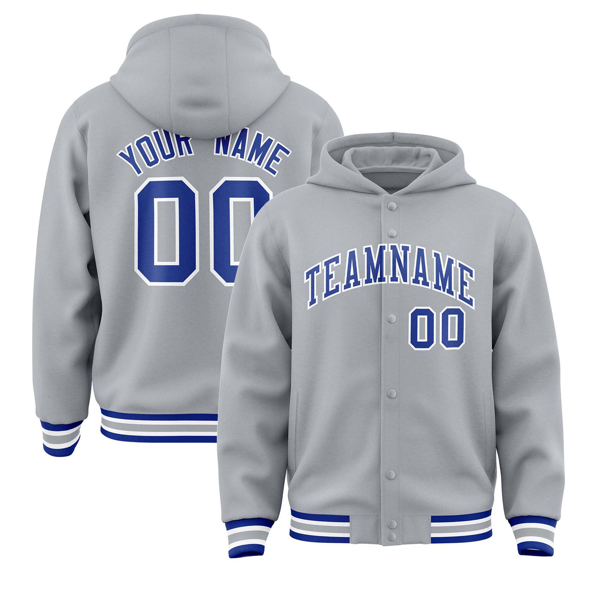 Custom Gray Royal-White Varsity Full-Snap Letterman Classic Hoodie Jacket