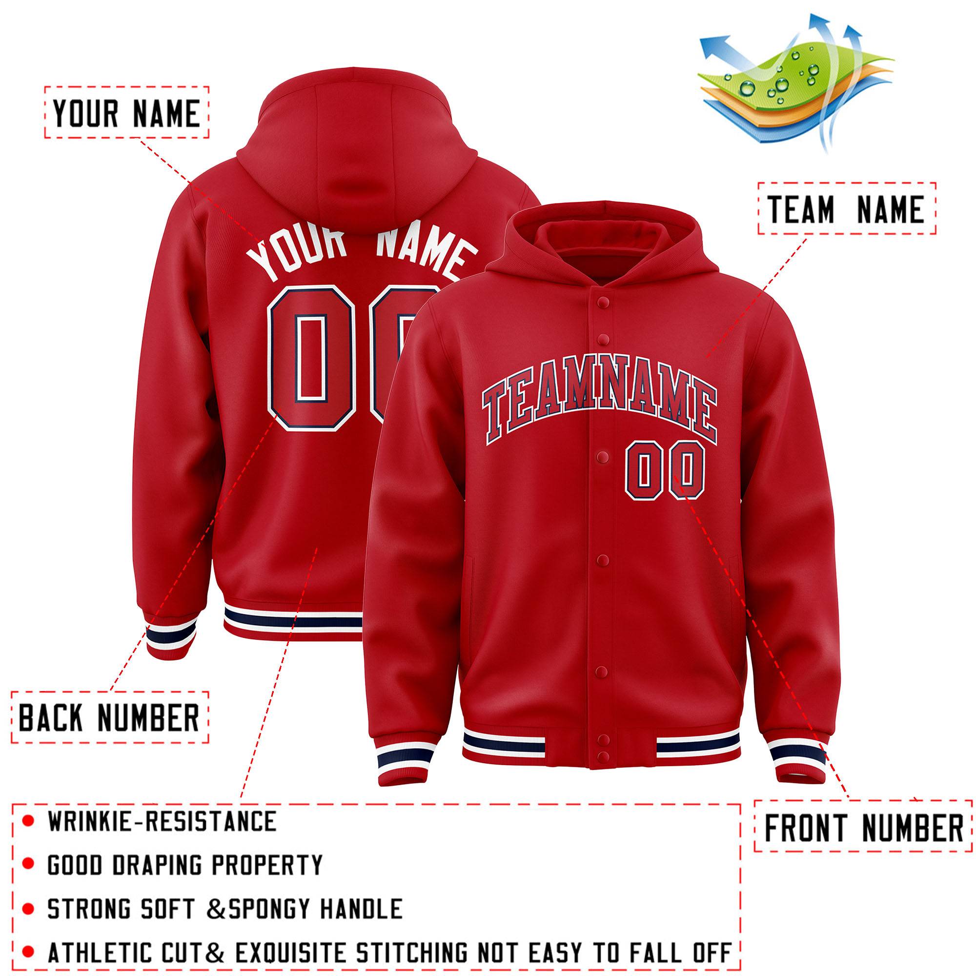 Custom Red Red-Navy Varsity Full-Snap Letterman Classic Hoodie Jacket