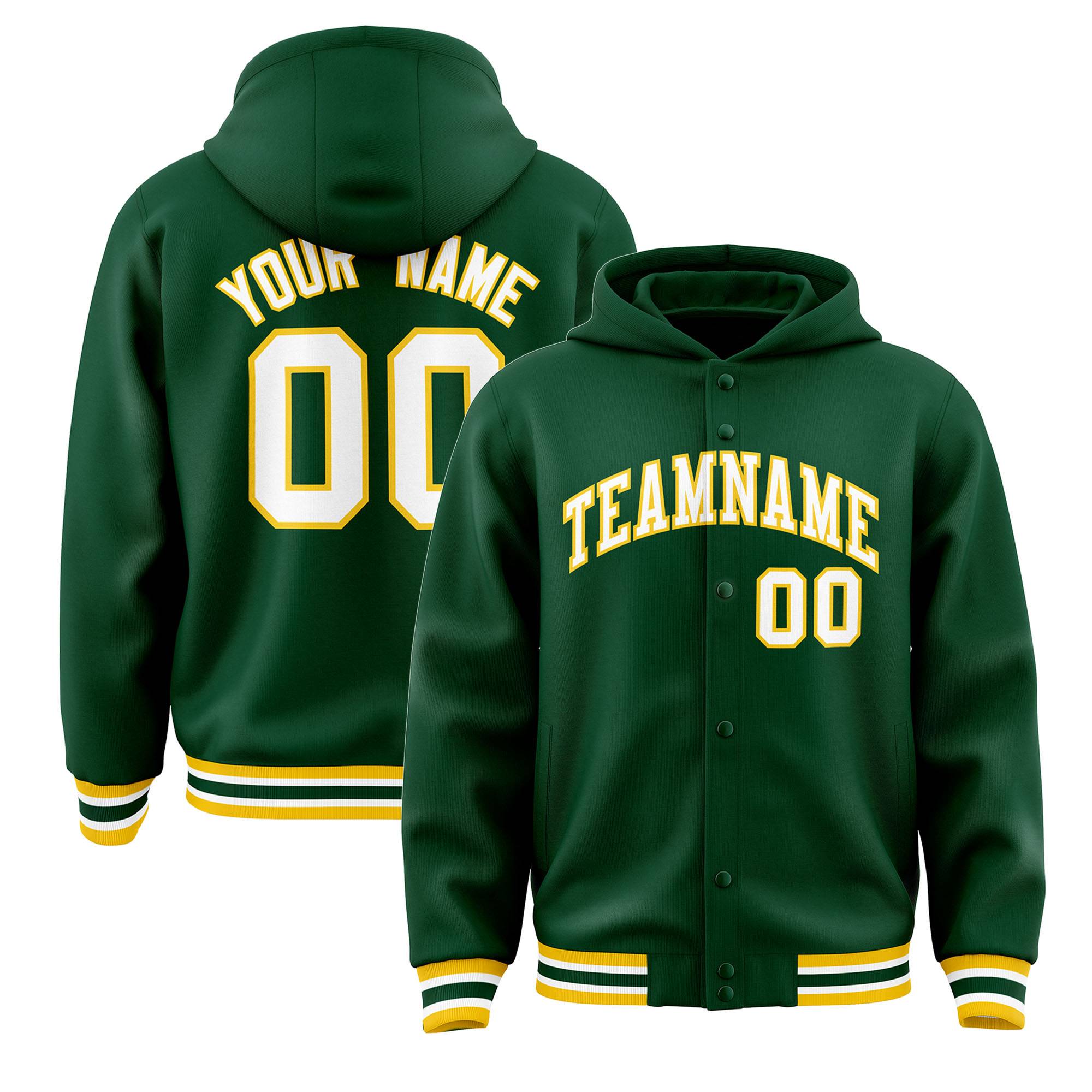 Custom Green White-Gold Varsity Full-Snap Letterman Classic Hoodie Jacket