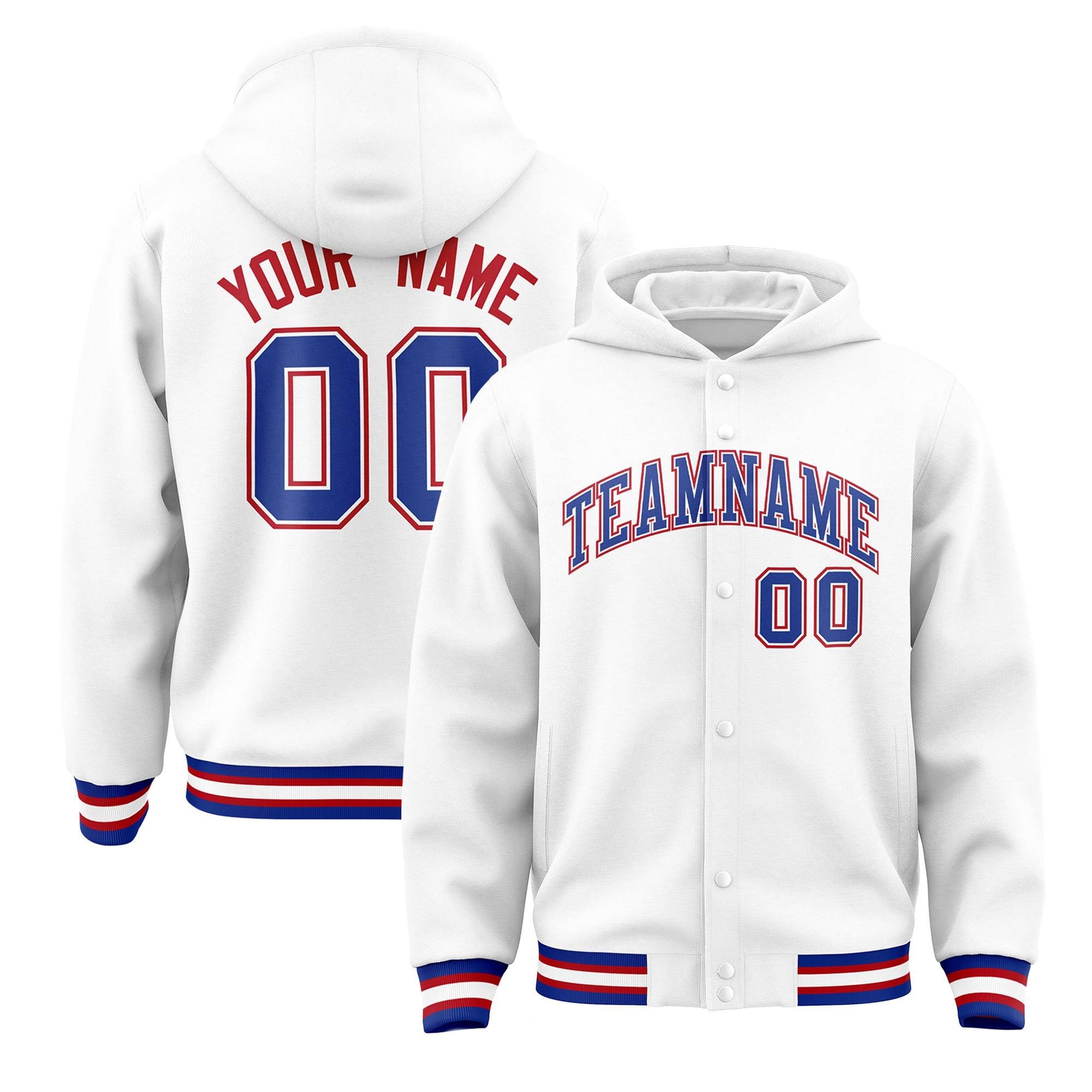 Custom White Royal-White Varsity Full-Snap Letterman Classic Hoodie Jacket