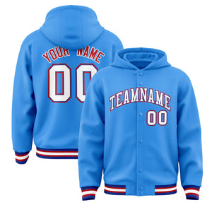 Custom Powder Blue White-Royal Varsity Full-Snap Letterman Classic Hoodie Jacket