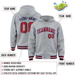 Custom Gray Red-Navy Varsity Full-Snap Letterman Classic Hoodie Jacket