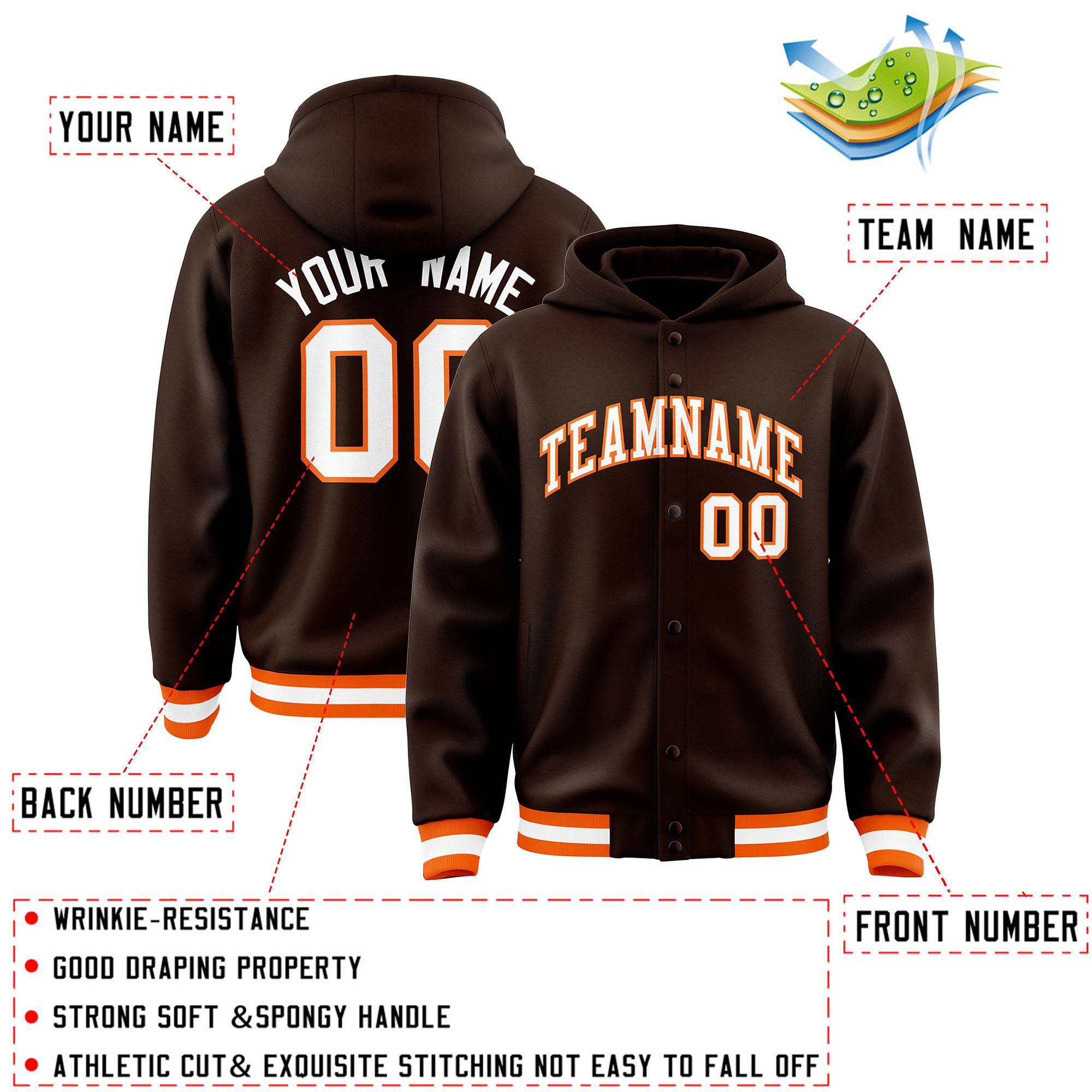 Custom Brown White-Orange Varsity Full-Snap Letterman Classic Hoodie Jacket