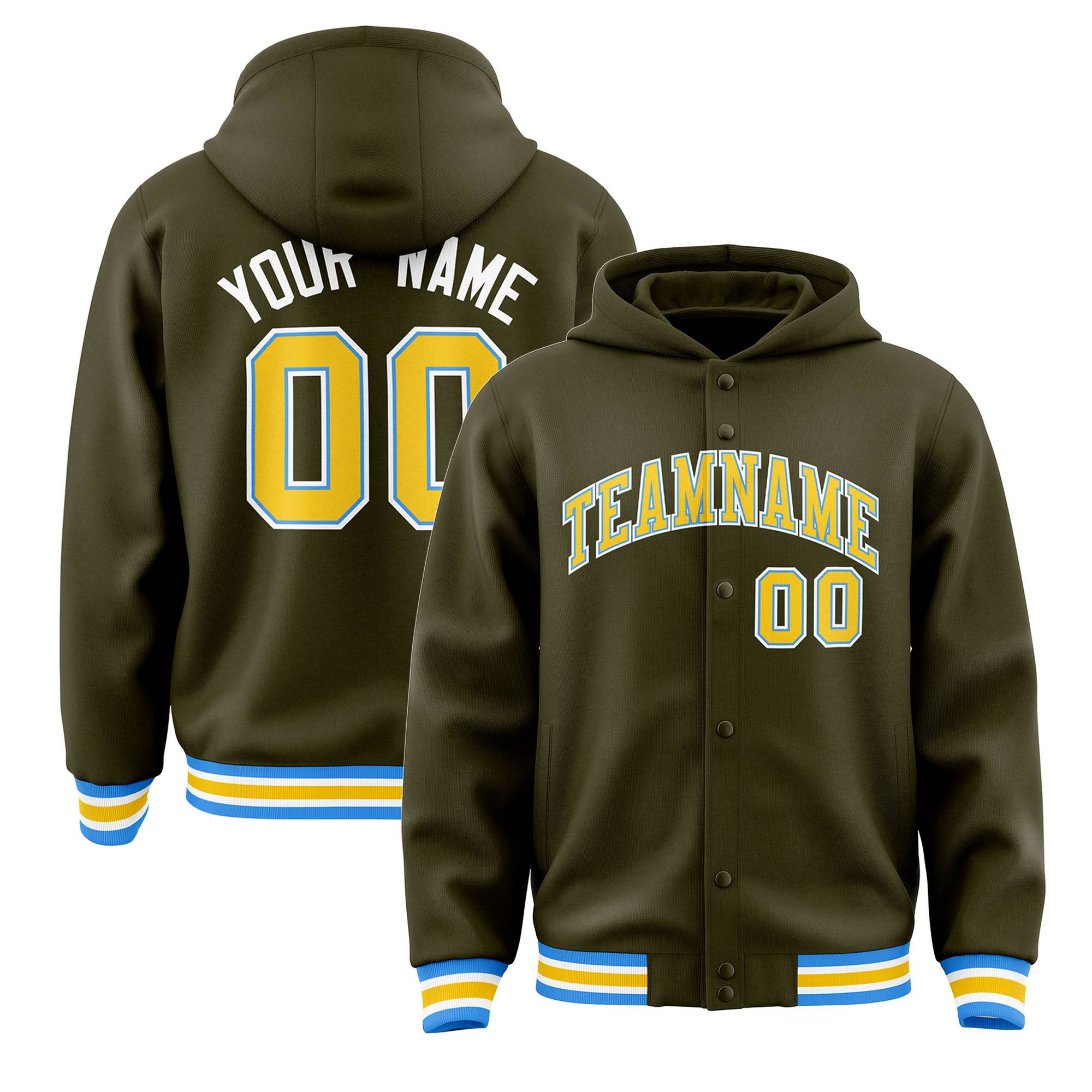 Custom Olive Gold-Powder Blue Varsity Full-Snap Letterman Classic Hoodie Jacket