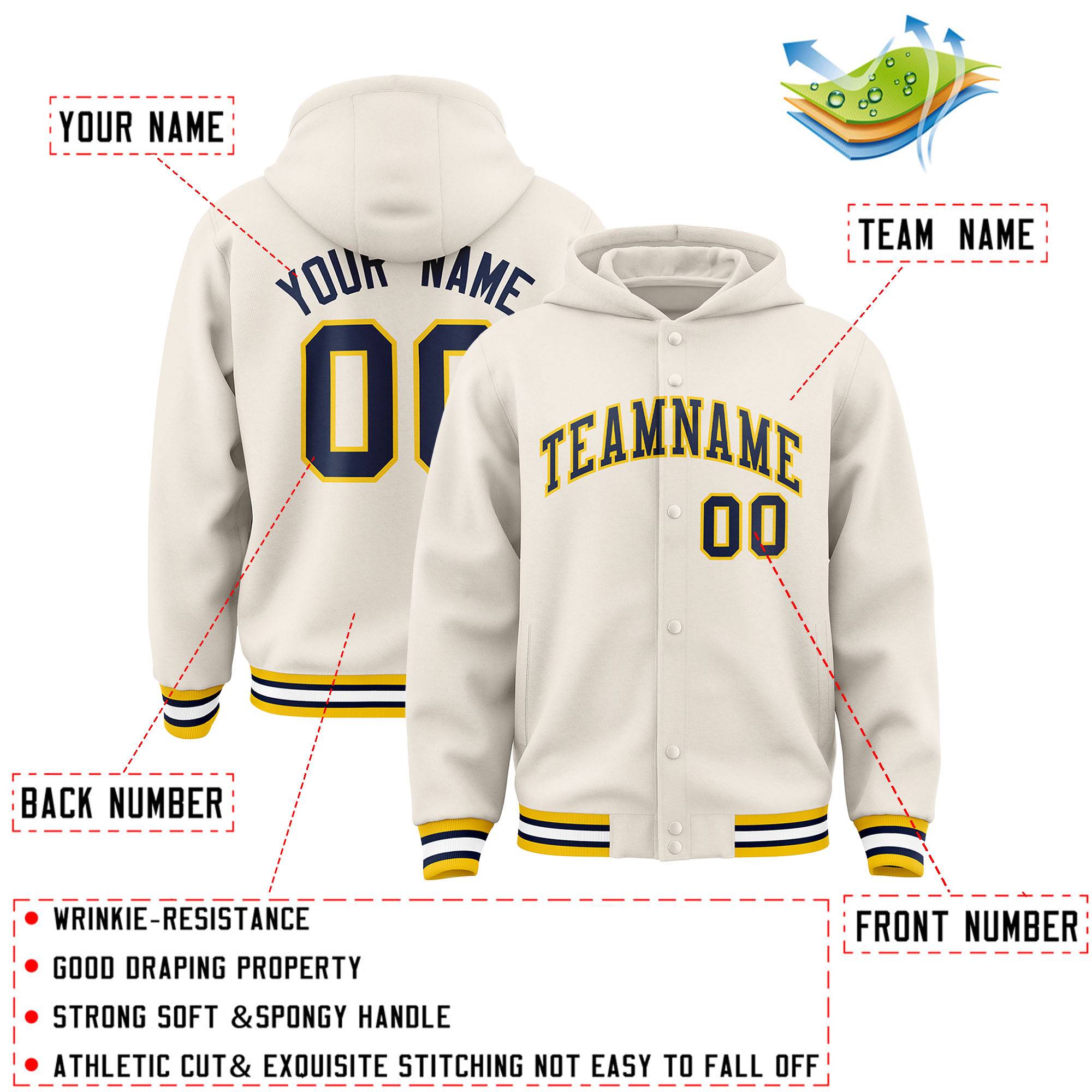 Custom Cream Navy-Gold Varsity Full-Snap Letterman Classic Hoodie Jacket