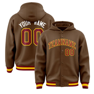 Custom Light Brown Crimson-Gold Varsity Full-Snap Letterman Classic Hoodie Jacket