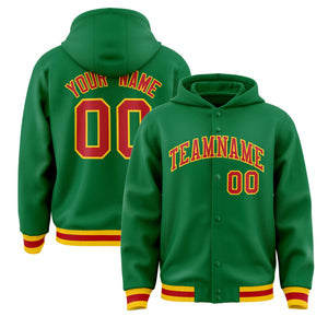 Custom Kelly Green Red-Gold Varsity Full-Snap Letterman Classic Hoodie Jacket