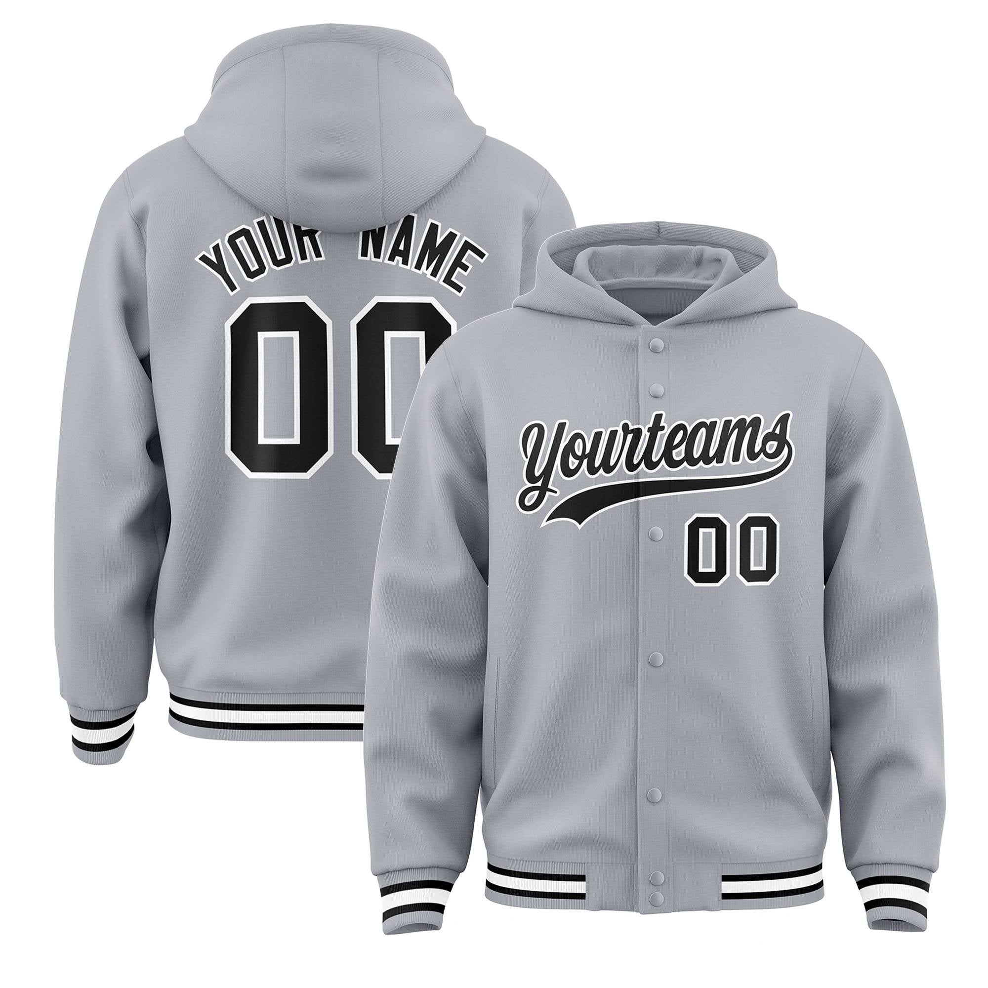 Custom Gray Black-White Varsity Full-Snap Letterman Classic Hoodie Jacket