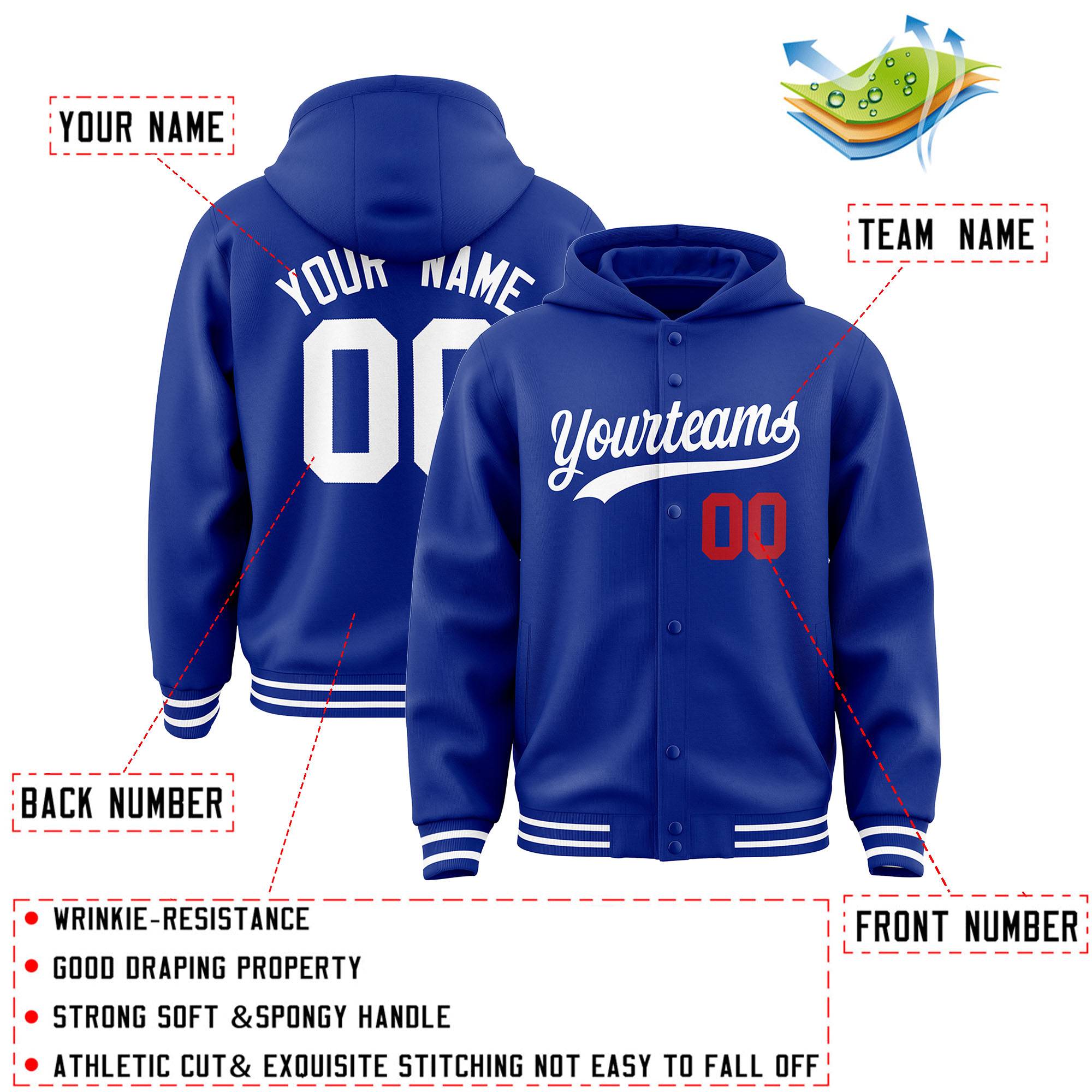 Custom Royal White Varsity Full-Snap Letterman Classic Hoodie Jacket