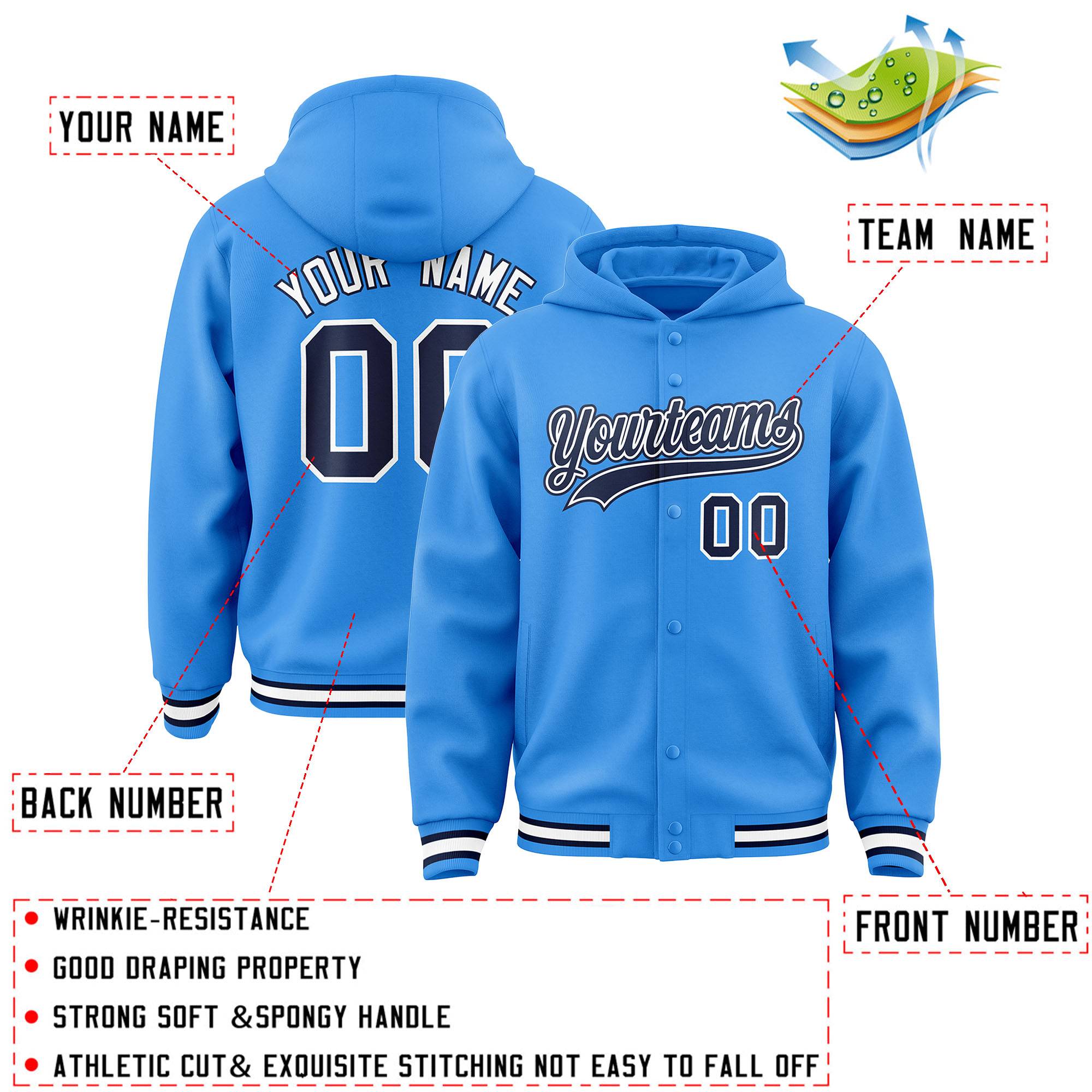 Custom Powder Blue Navy-White Varsity Full-Snap Letterman Classic Hoodie Jacket