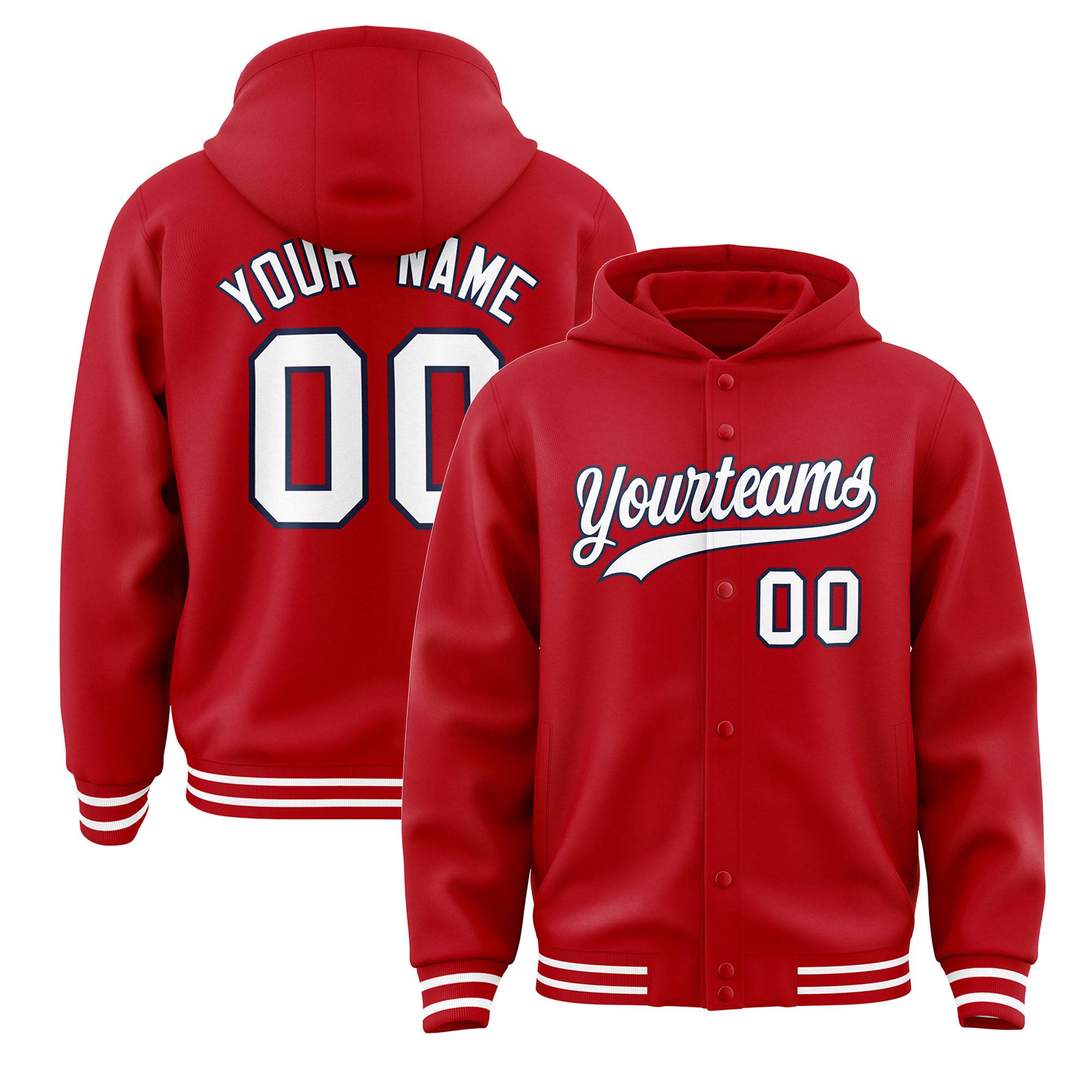 Custom Red White-Navy Varsity Full-Snap Letterman Classic Hoodie Jacket