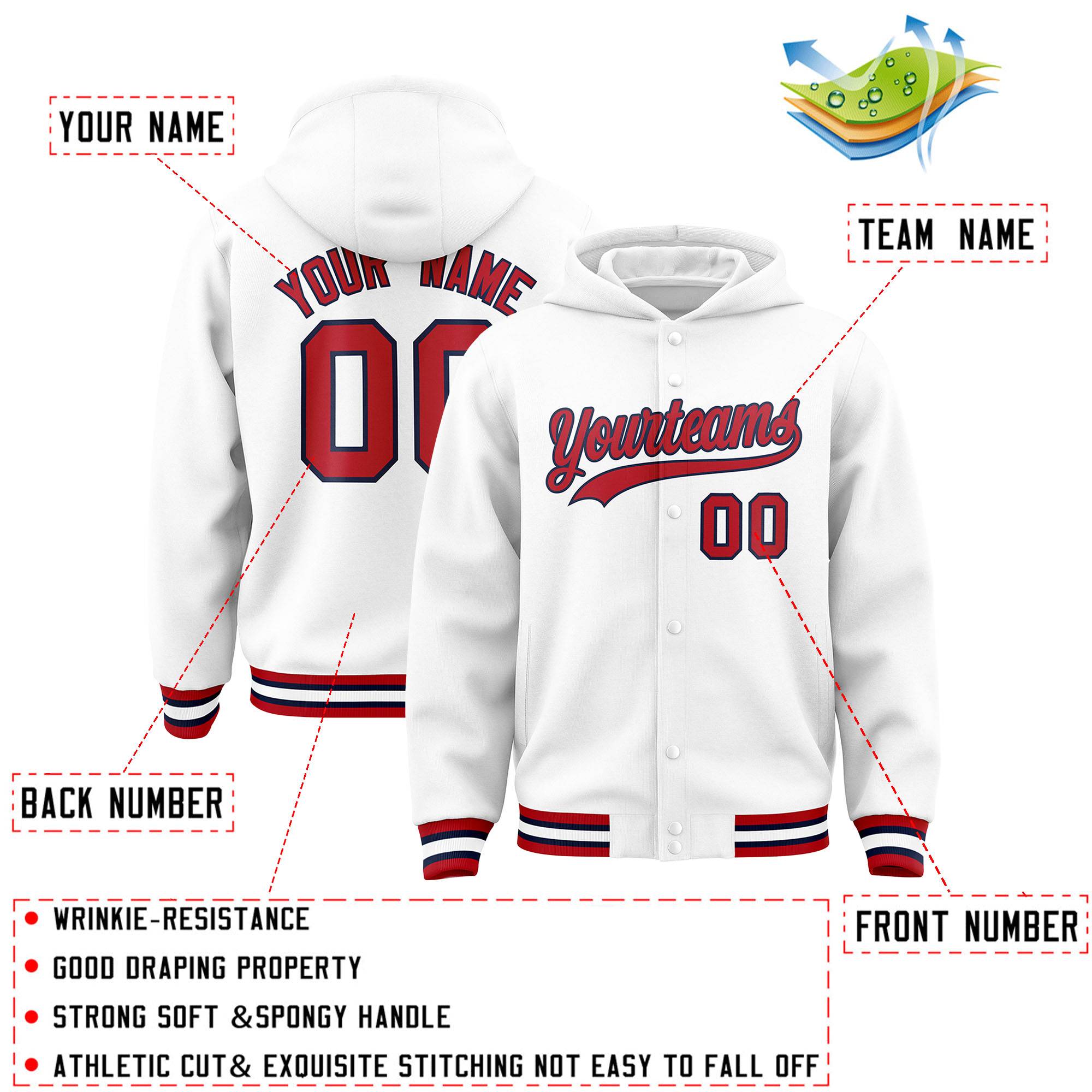 Custom White Red-Navy Varsity Full-Snap Letterman Classic Hoodie Jacket