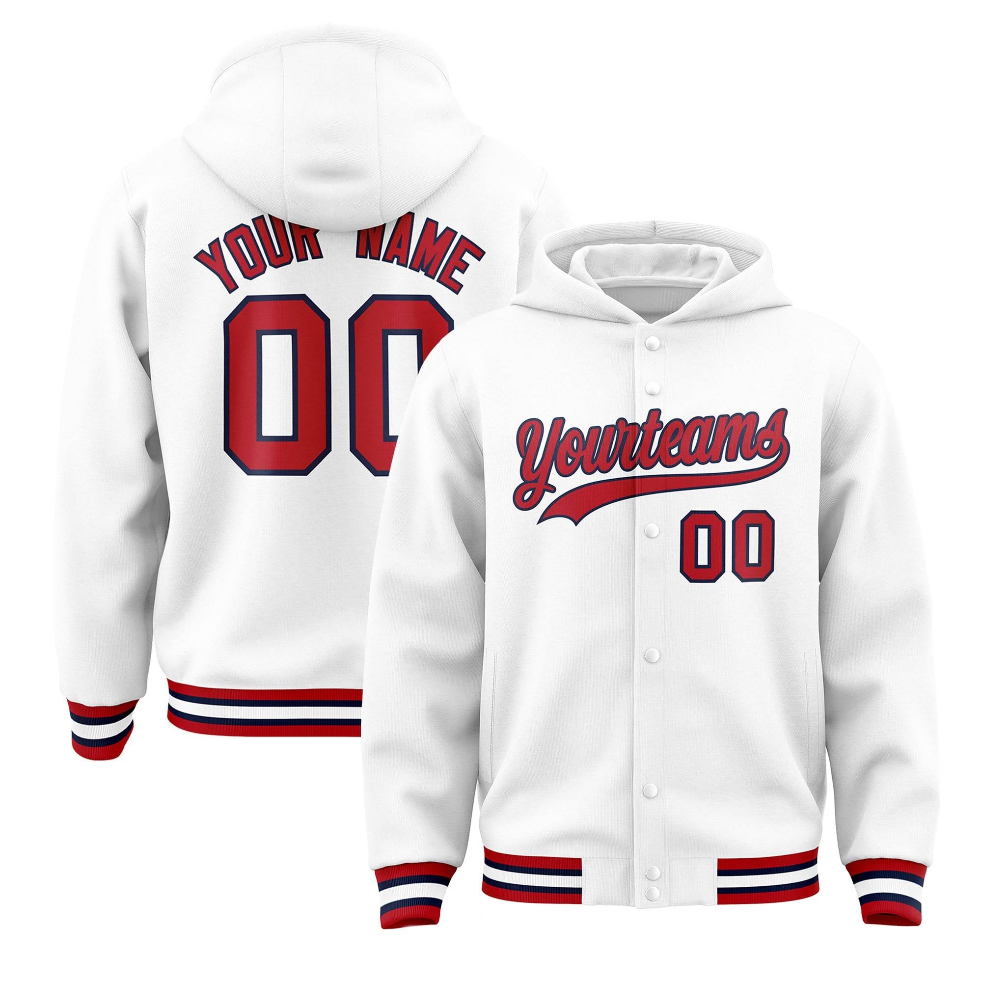 Custom White Red-Navy Varsity Full-Snap Letterman Classic Hoodie Jacket