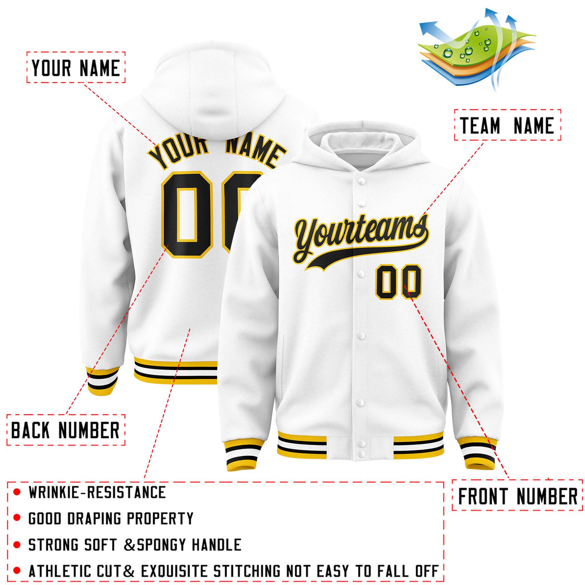 Custom White Black-Gold Varsity Full-Snap Letterman Classic Hoodie Jacket