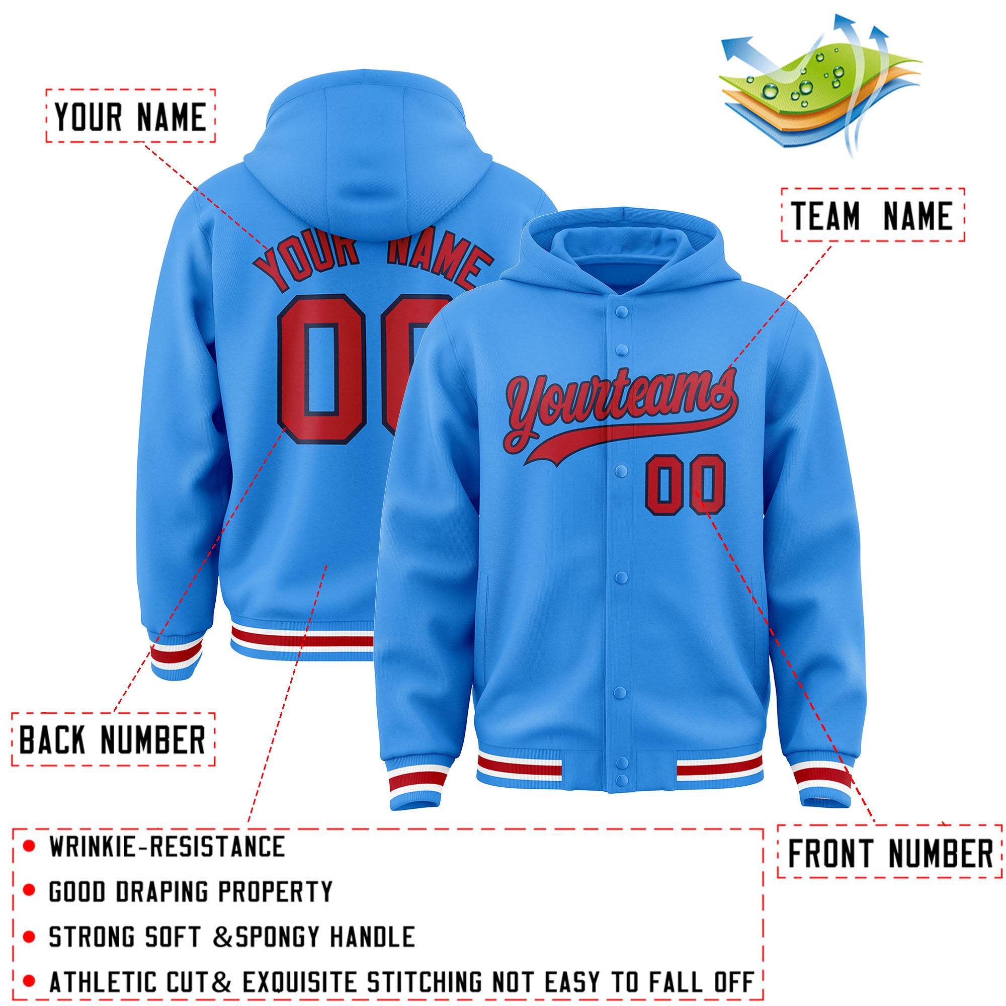 Custom Powder Blue Red-Navy Varsity Full-Snap Letterman Classic Hoodie Jacket