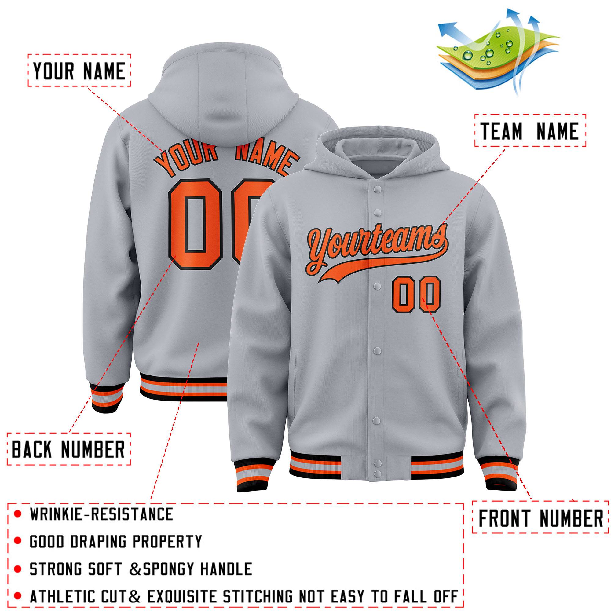 Custom Gray Orange-Black Varsity Full-Snap Letterman Classic Hoodie Jacket