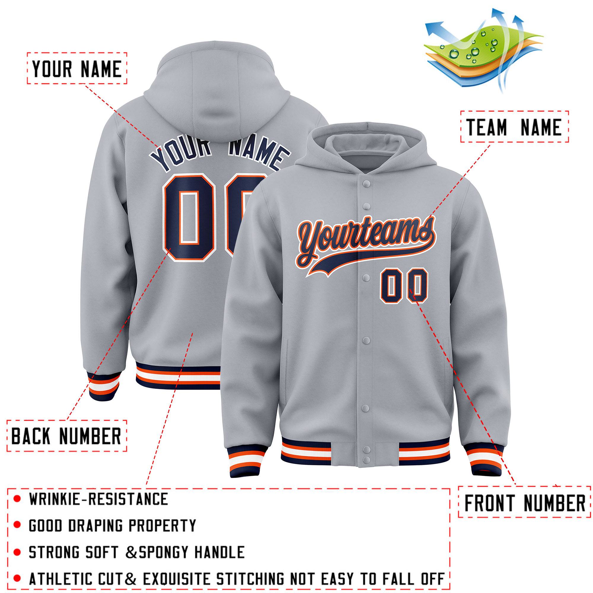 Custom Gray Navy-Orange Varsity Full-Snap Letterman Classic Hoodie Jacket