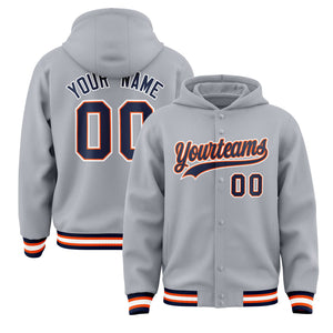 Custom Gray Navy-Orange Varsity Full-Snap Letterman Classic Hoodie Jacket