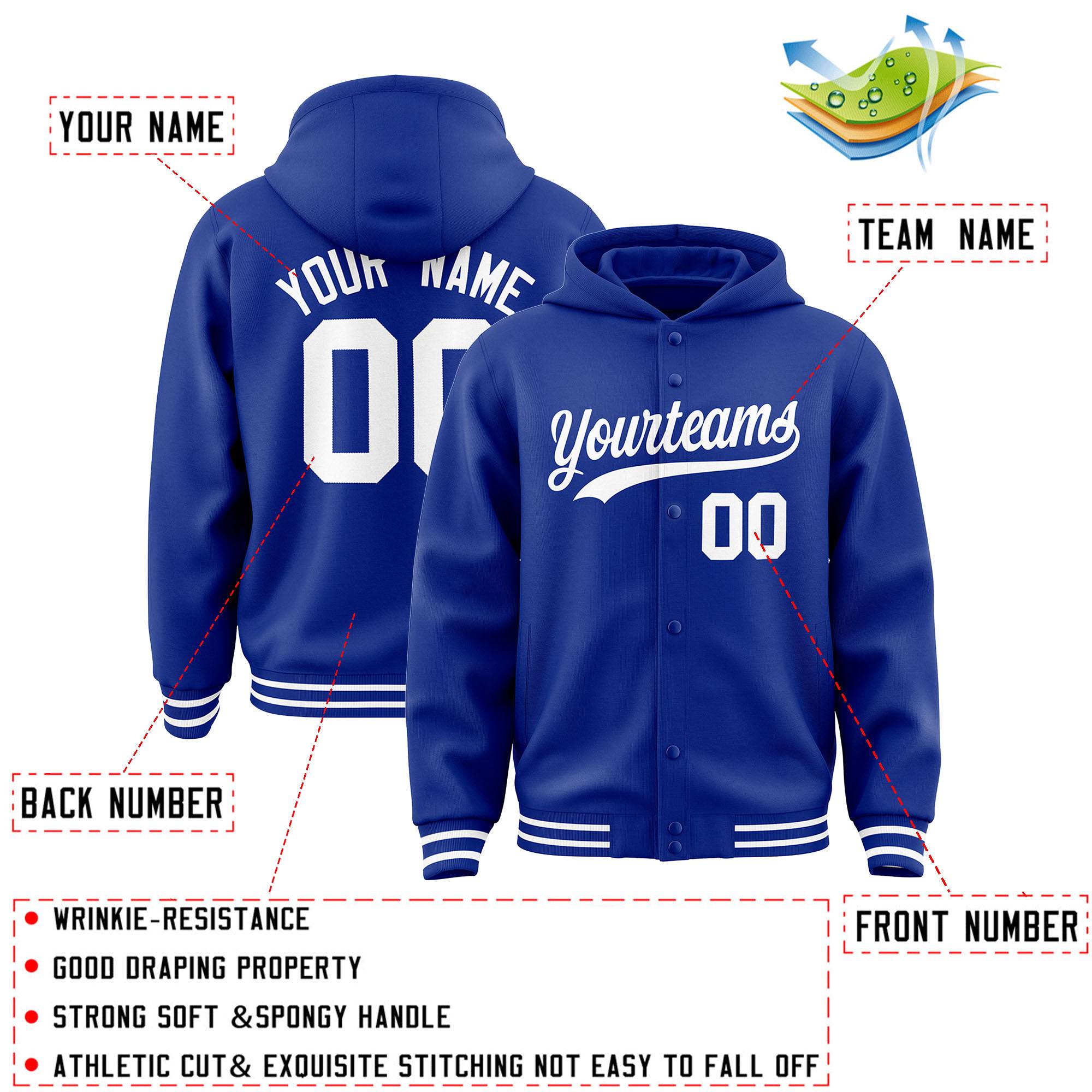 Custom Royal White Varsity Full-Snap Letterman Classic Hoodie Jacket