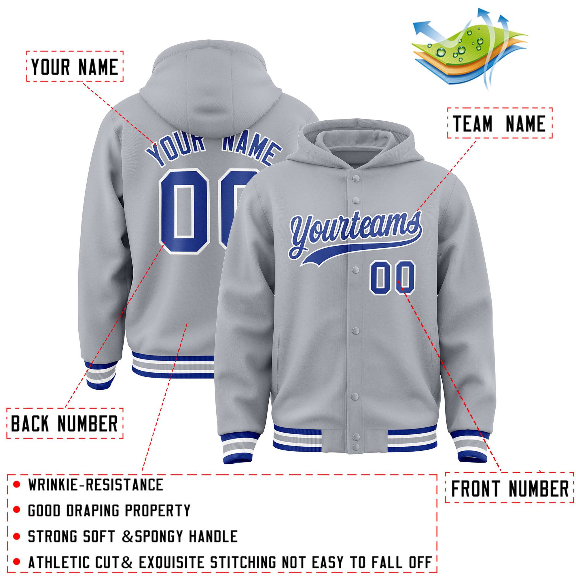 Custom Gray Royal-White Varsity Full-Snap Letterman Classic Hoodie Jacket