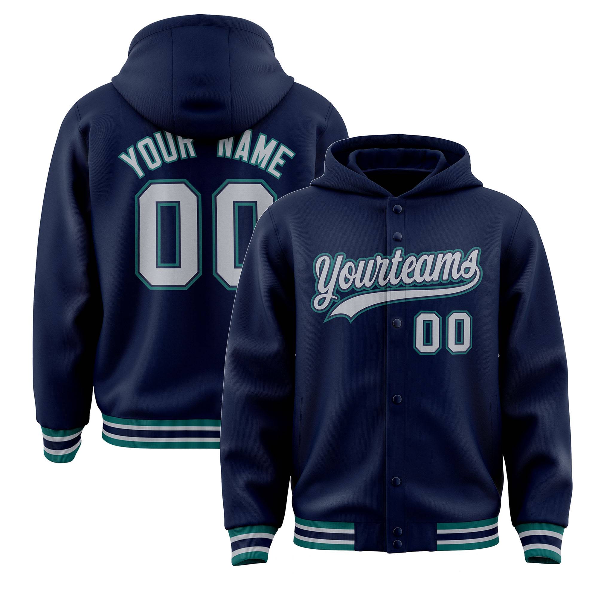 Custom Navy Gray-Navy Varsity Full-Snap Letterman Classic Hoodie Jacket