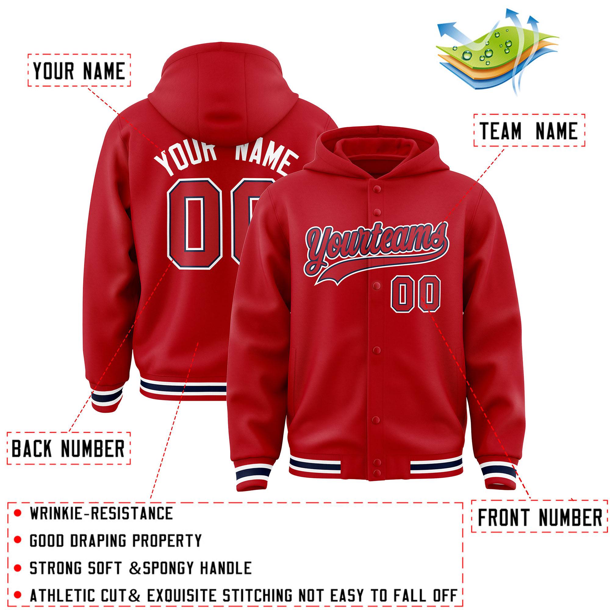 Custom Red Red-Navy Varsity Full-Snap Letterman Classic Hoodie Jacket