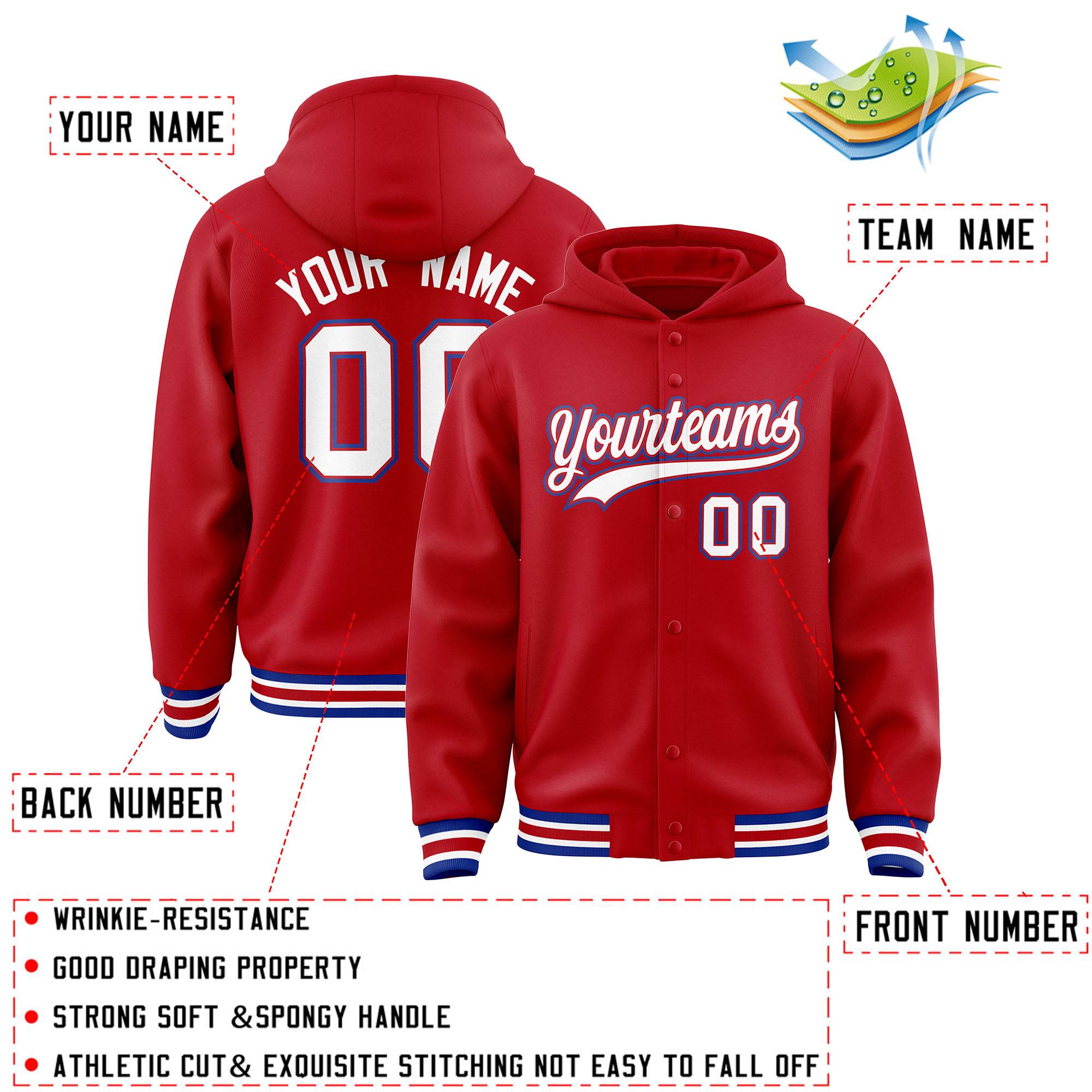 Custom Red White-Red Varsity Full-Snap Letterman Classic Hoodie Jacket