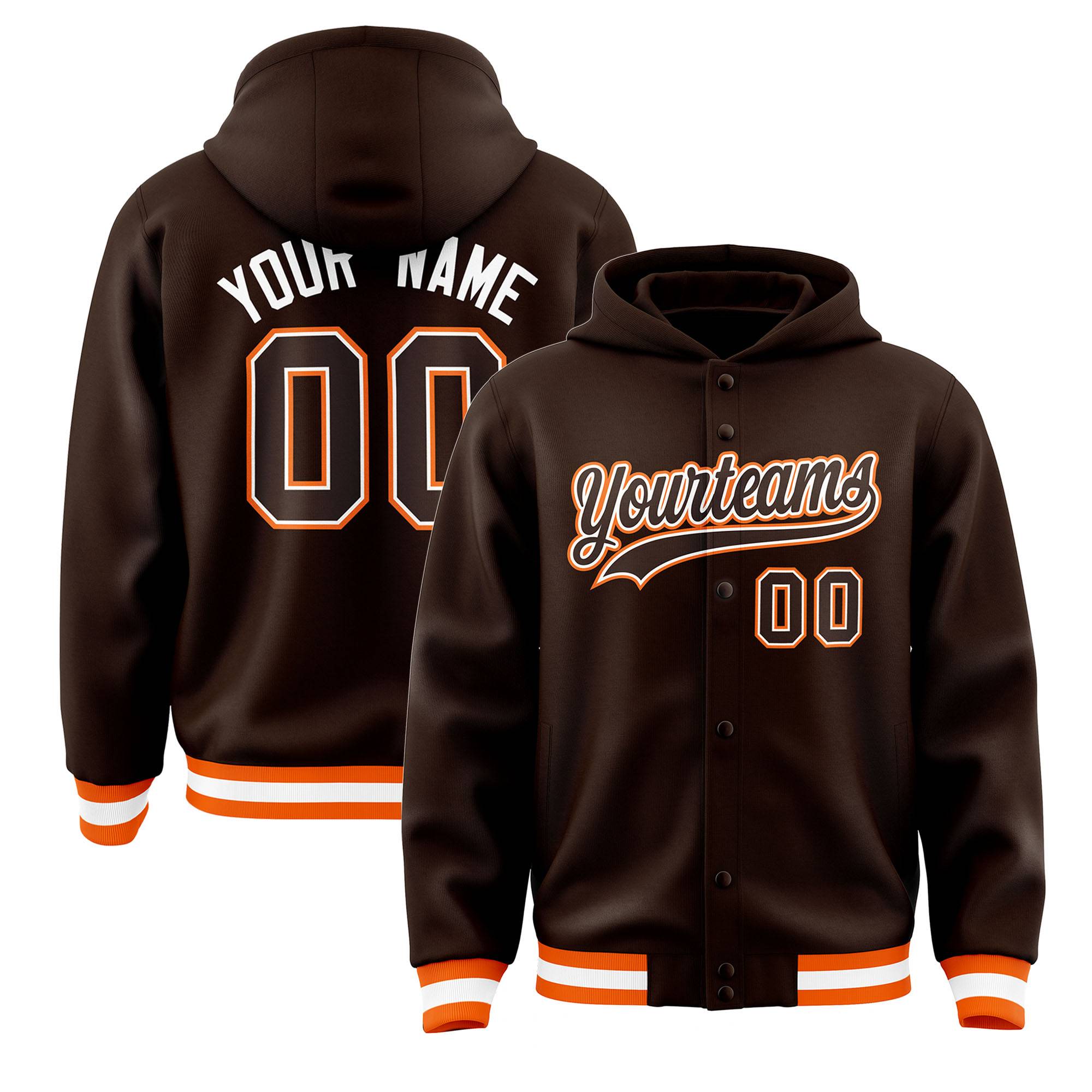 Custom Brown Brown-White Varsity Full-Snap Letterman Classic Hoodie Jacket