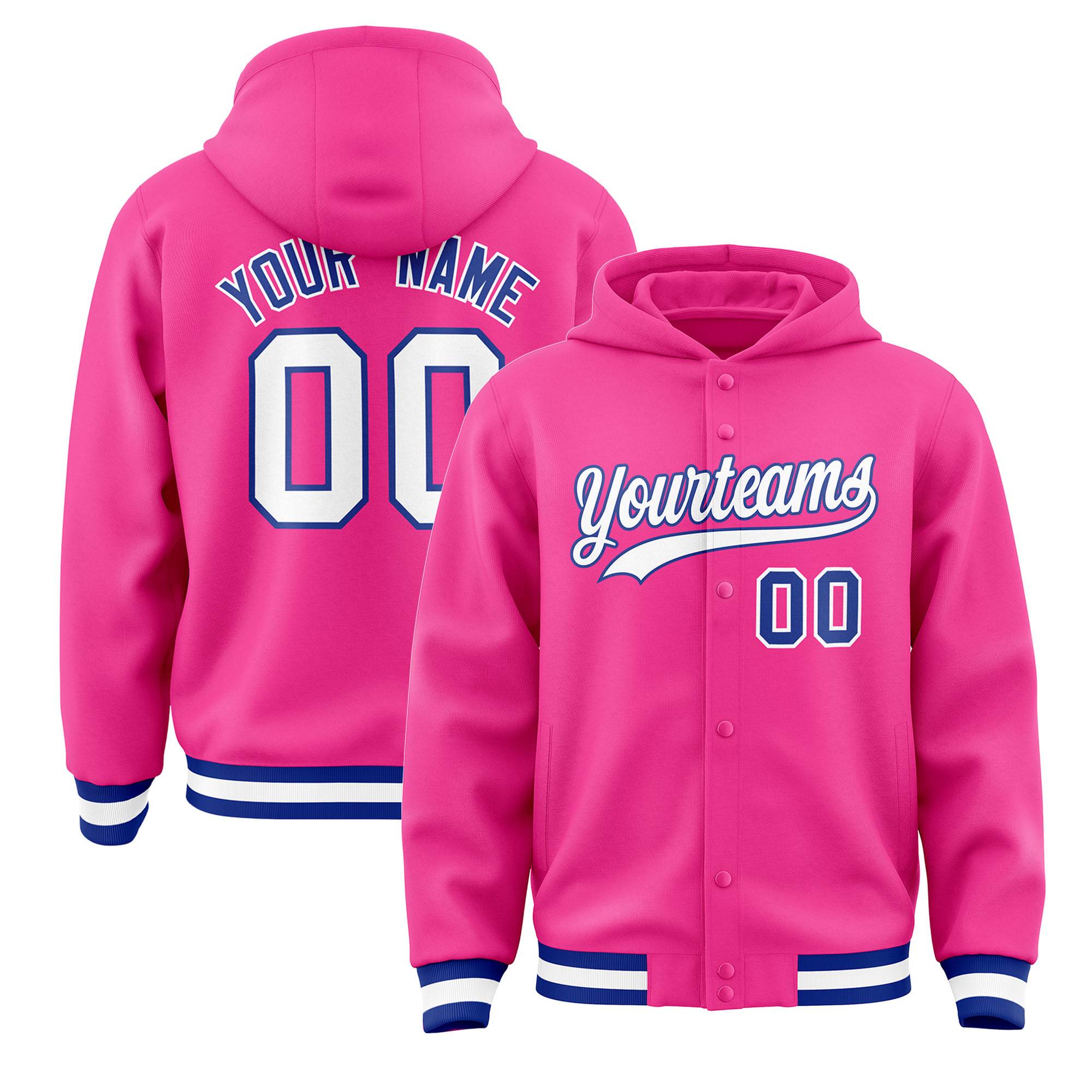 Custom Pink White-Royal Varsity Full-Snap Letterman Classic Hoodie Jacket