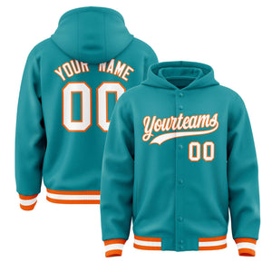 Custom Aqua White-Orange Varsity Full-Snap Letterman Classic Hoodie Jacket