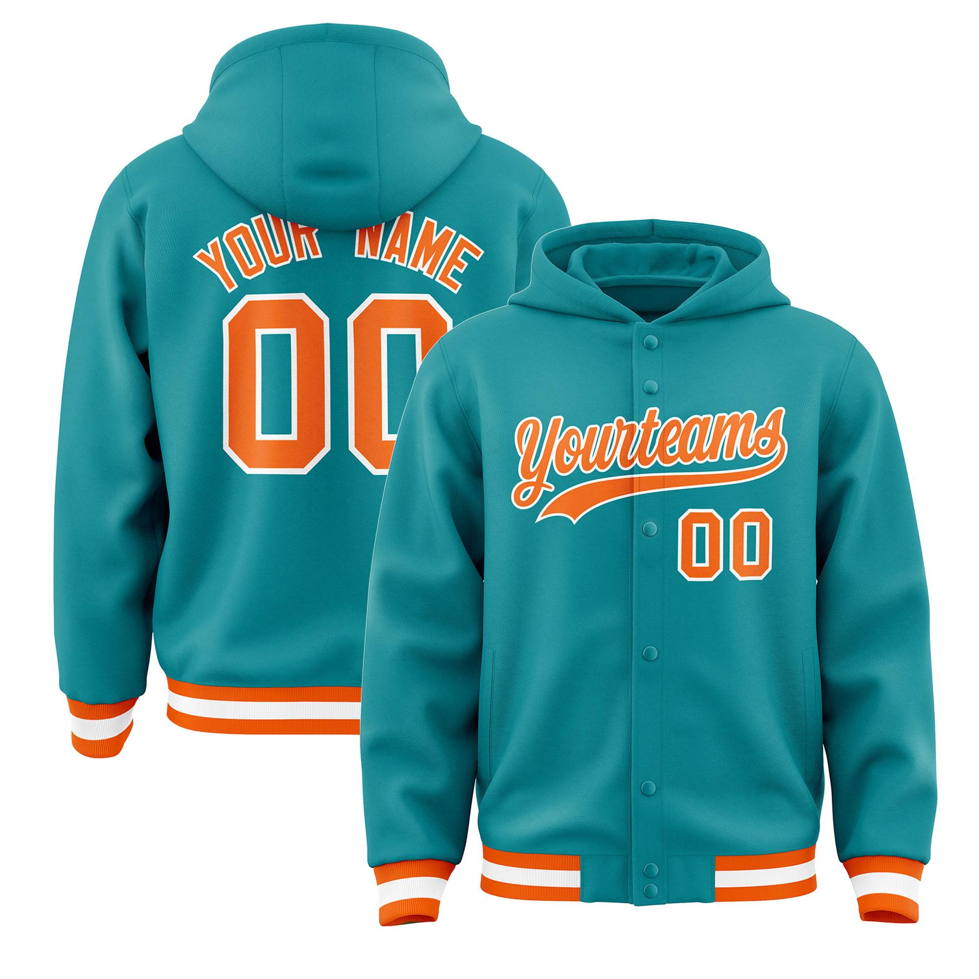 Custom Aqua Orange-White Varsity Full-Snap Letterman Classic Hoodie Jacket